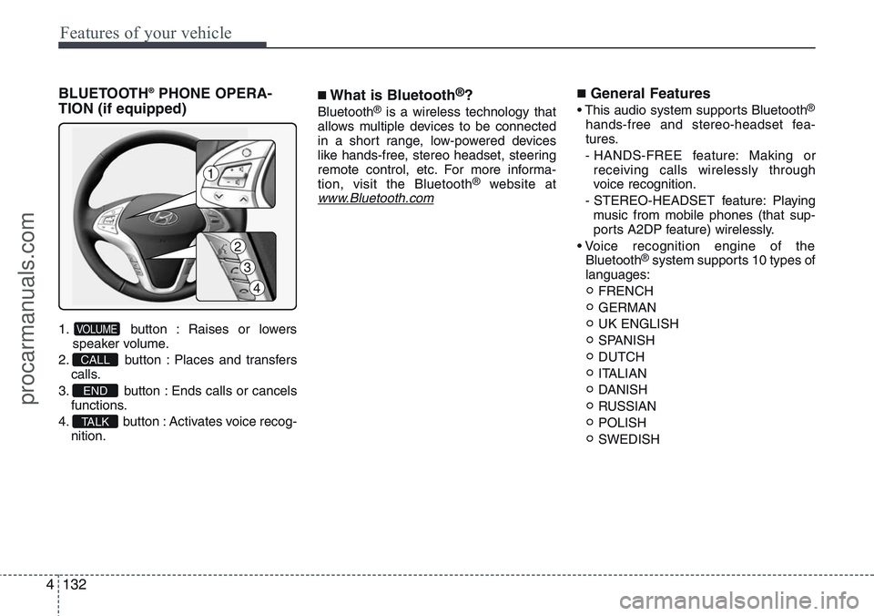 HYUNDAI IX20 2015  Owners Manual Features of your vehicle
132 4
BLUETOOTH®PHONE OPERA-
TION (if equipped)
1. button : Raises or lowers
speaker volume.
2. button : Places and transfers
calls.
3. button : Ends calls or cancels
functio