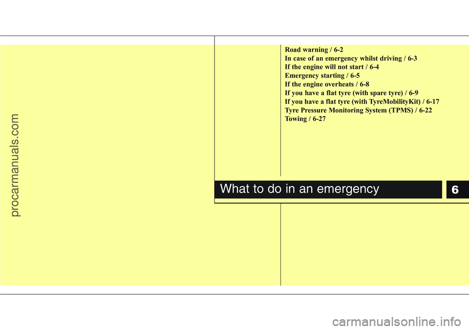 HYUNDAI IX20 2015  Owners Manual 6
Road warning / 6-2
In case of an emergency whilst driving / 6-3
If the engine will not start / 6-4
Emergency starting / 6-5
If the engine overheats / 6-8
If you have a flat tyre (with spare tyre) / 