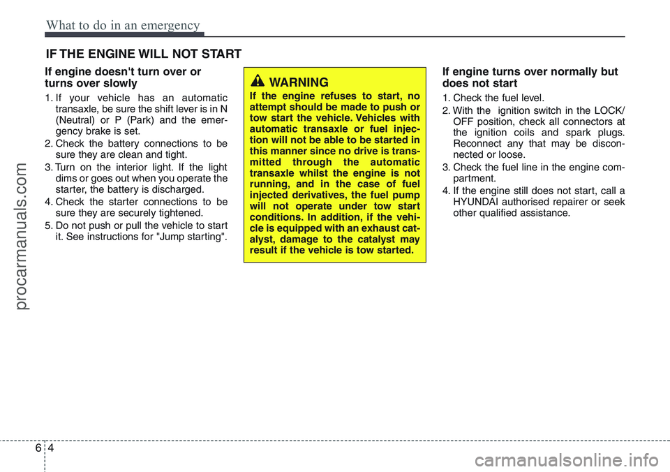 HYUNDAI IX20 2015 Owners Manual What to do in an emergency
4 6
IF THE ENGINE WILL NOT START
If engine doesn't turn over or
turns over slowly
1. If your vehicle has an automatic
transaxle, be sure the shift lever is in N
(Neutral HYUNDAI IX20 2015 Owners Manual What to do in an emergency
4 6
IF THE ENGINE WILL NOT START
If engine doesn't turn over or
turns over slowly
1. If your vehicle has an automatic
transaxle, be sure the shift lever is in N
(Neutral