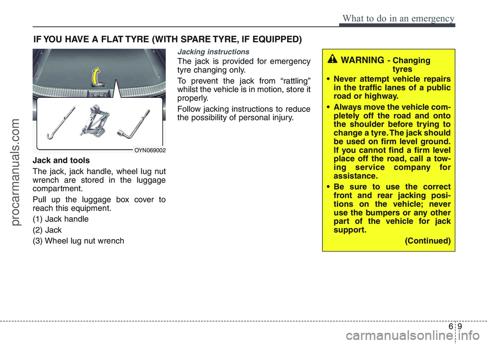 HYUNDAI IX20 2015 Owners Manual 69
What to do in an emergency
IF YOU HAVE A FLAT TYRE (WITH SPARE TYRE, IF EQUIPPED)
Jack and tools
The jack, jack handle, wheel lug nut
wrench are stored in the luggage
compartment.
Pull up the lugga HYUNDAI IX20 2015 Owners Manual 69
What to do in an emergency
IF YOU HAVE A FLAT TYRE (WITH SPARE TYRE, IF EQUIPPED)
Jack and tools
The jack, jack handle, wheel lug nut
wrench are stored in the luggage
compartment.
Pull up the lugga