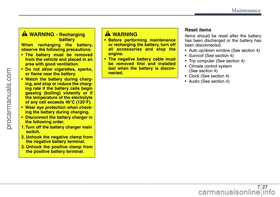 HYUNDAI IX20 2015  Owners Manual 727
Maintenance
Reset items
Items should be reset after the battery
has been discharged or the battery has
been disconnected.
• Auto up/down window (See section 4)
• Sunroof (See section 4)
• Tr