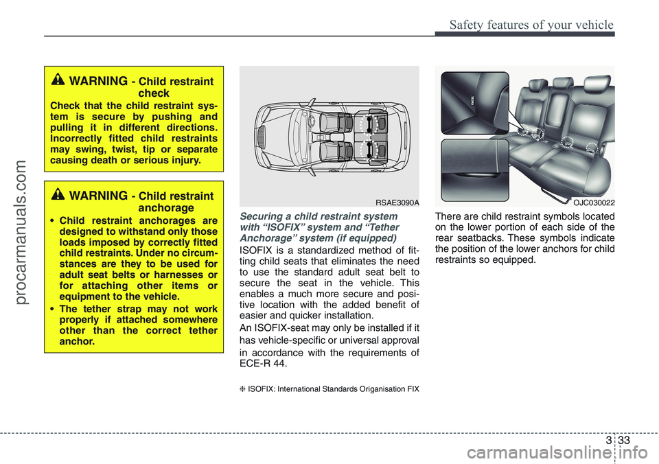 HYUNDAI IX20 2015 Service Manual 333
Safety features of your vehicle
Securing a child restraint system
with “ISOFIX” system  and “Tether
Anchorage” system (if equipped)
ISOFIX is a standardized method of fit-
ting child seats