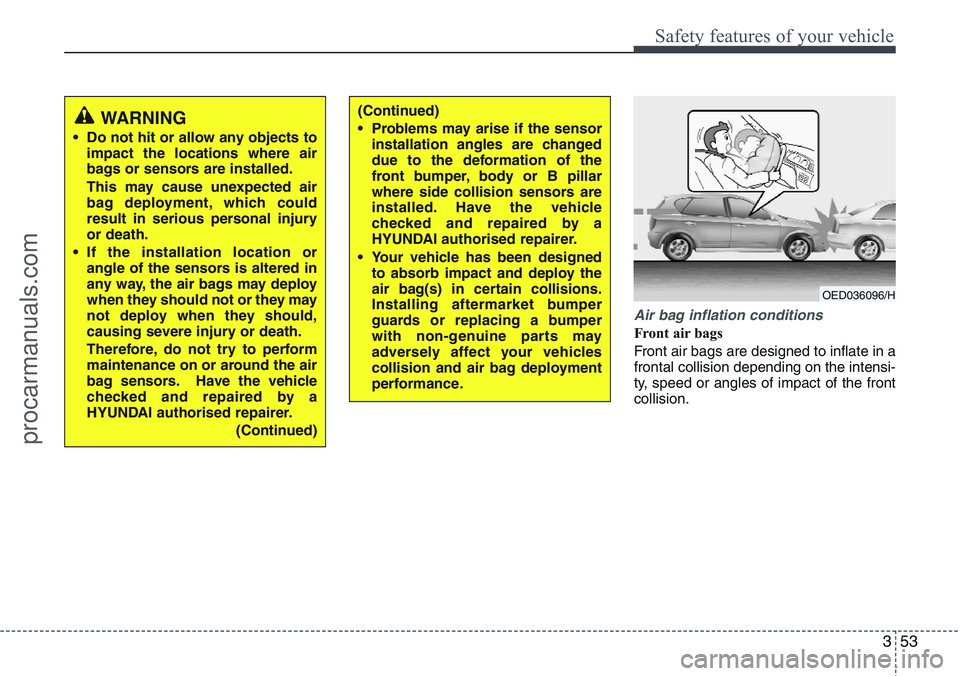 HYUNDAI IX20 2015  Owners Manual 353
Safety features of your vehicle
Air bag inflation conditions
Front air bags 
Front air bags are designed to inflate in a
frontal collision depending on the intensi-
ty, speed or angles of impact o