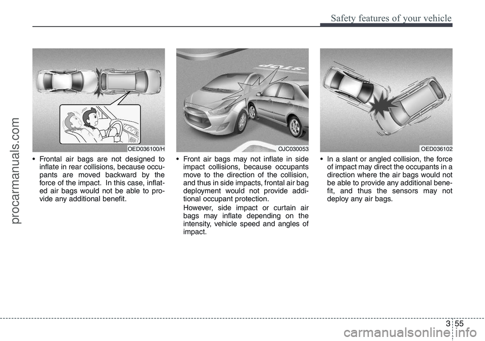 HYUNDAI IX20 2015  Owners Manual 355
Safety features of your vehicle
• Frontal air bags are not designed to
inflate in rear collisions, because occu-
pants are moved backward by the
force of the impact. In this case, inflat-
ed air