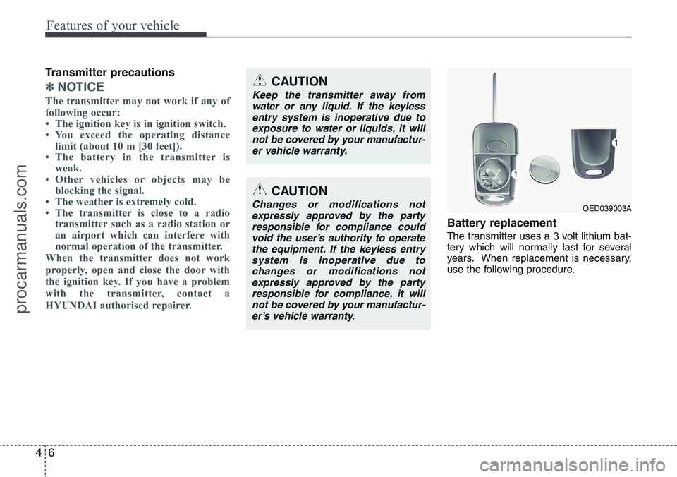 HYUNDAI IX20 2015  Owners Manual Features of your vehicle
6 4
Transmitter precautions
✽NOTICE
The transmitter may not work if any of
following occur:
• The ignition key is in ignition switch.
• You exceed the operating distance