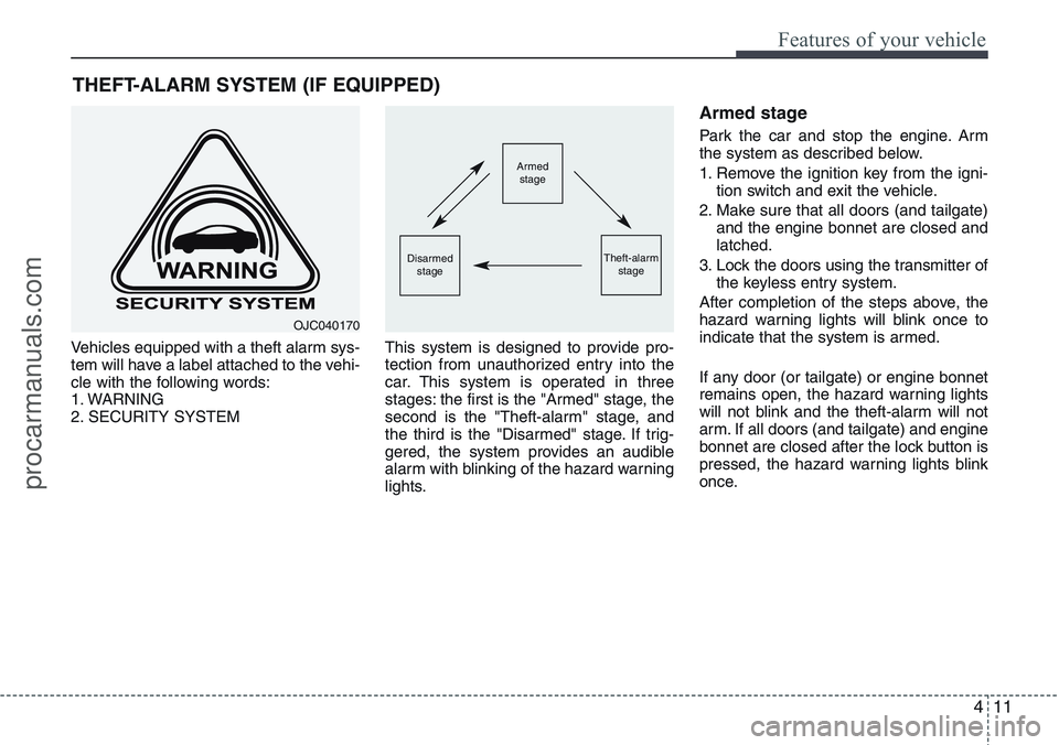 HYUNDAI IX20 2015  Owners Manual 411
Features of your vehicle
Vehicles equipped with a theft alarm sys-
tem will have a label attached to the vehi-
cle with the following words:
1. WARNING
2. SECURITY SYSTEMThis system is designed to