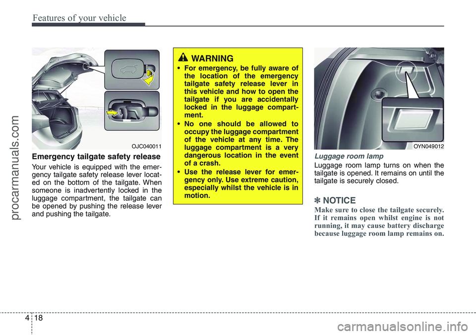 HYUNDAI IX20 2015  Owners Manual Features of your vehicle
18 4
Emergency tailgate safety release
Your vehicle is equipped with the emer-
gency tailgate safety release lever locat-
ed on the bottom of the tailgate. When
someone is ina