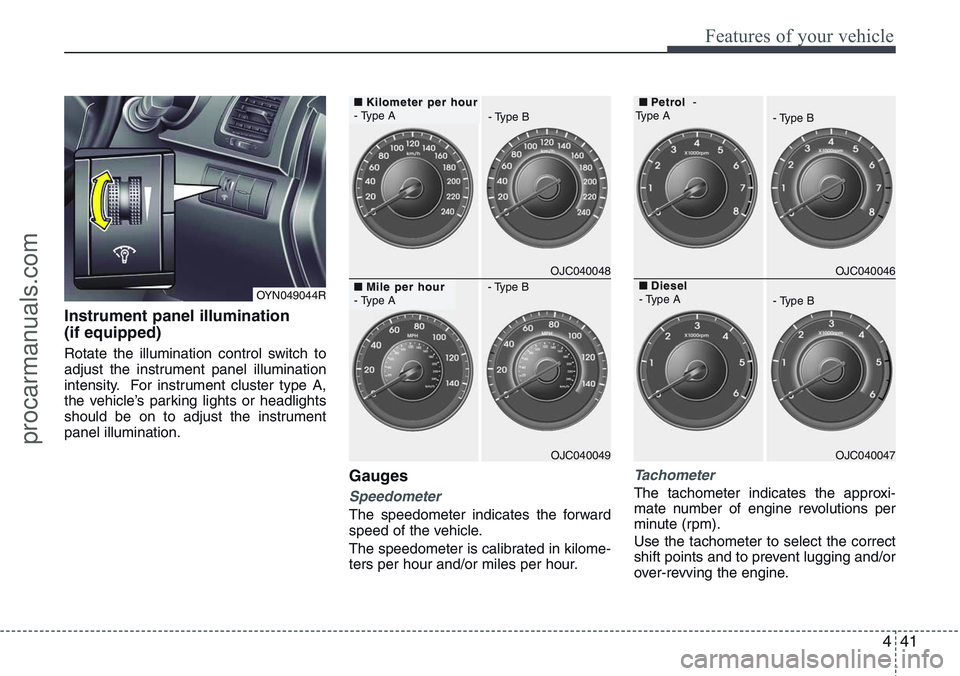HYUNDAI IX20 2016 Owners Manual 441
Features of your vehicle
Instrument panel illumination
(if equipped)
Rotate the illumination control switch to
adjust the instrument panel illumination
intensity. For instrument cluster type A,
th HYUNDAI IX20 2016 Owners Manual 441
Features of your vehicle
Instrument panel illumination
(if equipped)
Rotate the illumination control switch to
adjust the instrument panel illumination
intensity. For instrument cluster type A,
th
