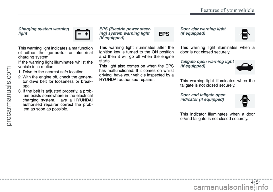 HYUNDAI IX20 2016 Owners Manual 451
Features of your vehicle
Charging system warning
light
This warning light indicates a malfunction
of either the generator or electrical
charging system.
If the warning light illuminates whilst the HYUNDAI IX20 2016 Owners Manual 451
Features of your vehicle
Charging system warning
light
This warning light indicates a malfunction
of either the generator or electrical
charging system.
If the warning light illuminates whilst the