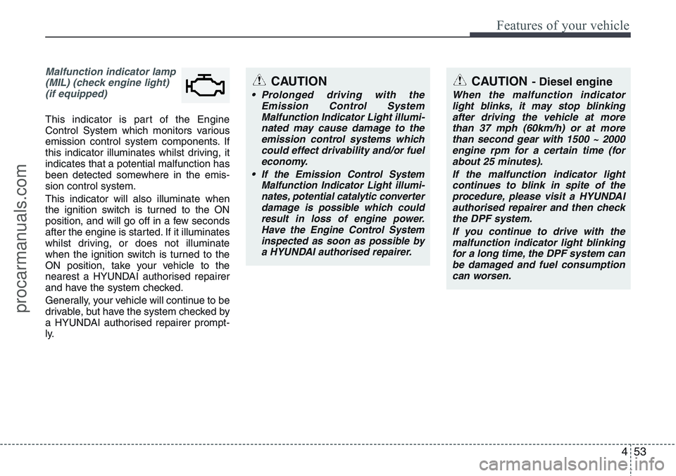HYUNDAI IX20 2016 Owners Manual 453
Features of your vehicle
Malfunction indicator lamp
(MIL) (check engine light)
(if equipped)
This indicator is part of the Engine
Control System which monitors various
emission control system com HYUNDAI IX20 2016 Owners Manual 453
Features of your vehicle
Malfunction indicator lamp
(MIL) (check engine light)
(if equipped)
This indicator is part of the Engine
Control System which monitors various
emission control system com