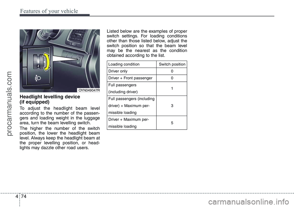 HYUNDAI IX20 2016 Owners Manual Features of your vehicle
74 4
Headlight levelling device
(if equipped)
To adjust the headlight beam level
according to the number of the passen-
gers and loading weight in the luggage
area, turn the HYUNDAI IX20 2016 Owners Manual Features of your vehicle
74 4
Headlight levelling device
(if equipped)
To adjust the headlight beam level
according to the number of the passen-
gers and loading weight in the luggage
area, turn the