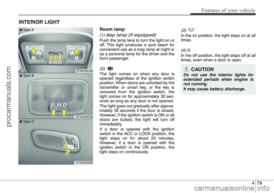 HYUNDAI IX20 2016 Owners Manual 479
Features of your vehicle
Room lamp
(1) Map lamp (if equipped)
Push the lamp lens to turn the light on or
off. This light produces a spot beam for
convenient use as a map lamp at night or
as a pers HYUNDAI IX20 2016 Owners Manual 479
Features of your vehicle
Room lamp
(1) Map lamp (if equipped)
Push the lamp lens to turn the light on or
off. This light produces a spot beam for
convenient use as a map lamp at night or
as a pers