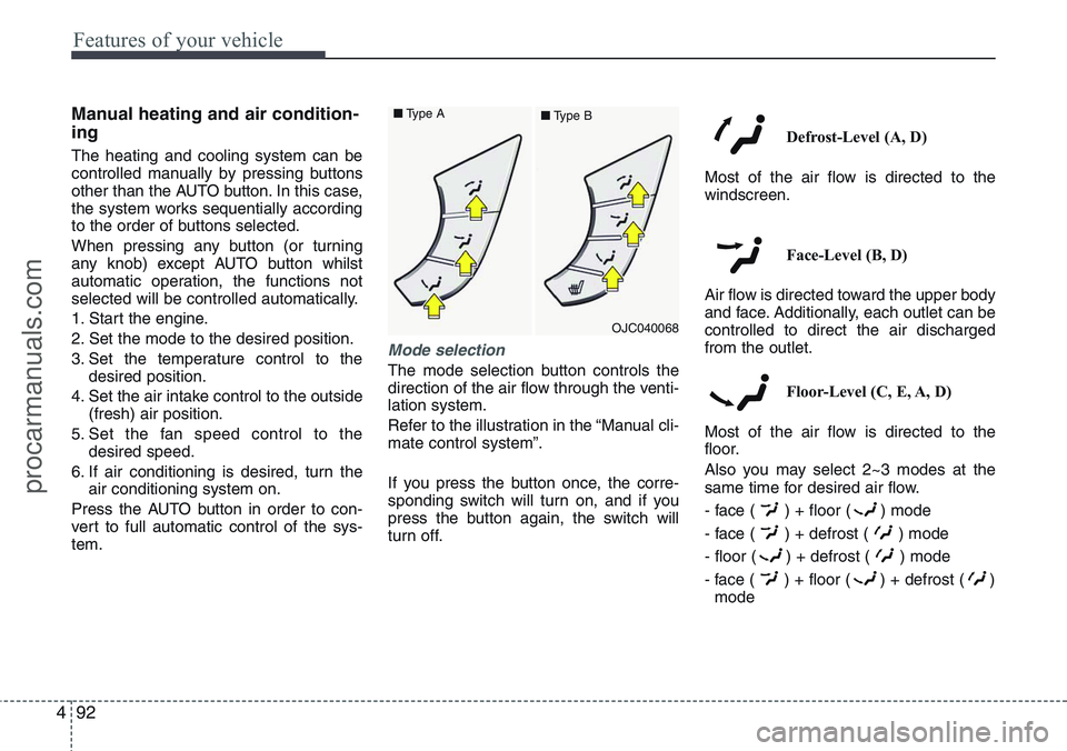 HYUNDAI IX20 2016  Owners Manual Features of your vehicle
92 4
Manual heating and air condition-
ing
The heating and cooling system can be
controlled manually by pressing buttons
other than the AUTO button. In this case,
the system w