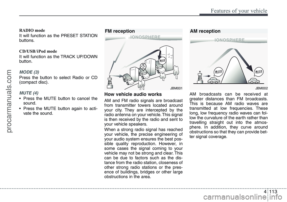 HYUNDAI IX20 2016 Owners Manual 4113
Features of your vehicle
RADIO mode
It will function as the PRESET STATION
buttons.
CD/USB / i Pod mode
It will function as the TRACK UP/DOWN
button.
MODE (3)
Press the button to select Radio or HYUNDAI IX20 2016 Owners Manual 4113
Features of your vehicle
RADIO mode
It will function as the PRESET STATION
buttons.
CD/USB / i Pod mode
It will function as the TRACK UP/DOWN
button.
MODE (3)
Press the button to select Radio or