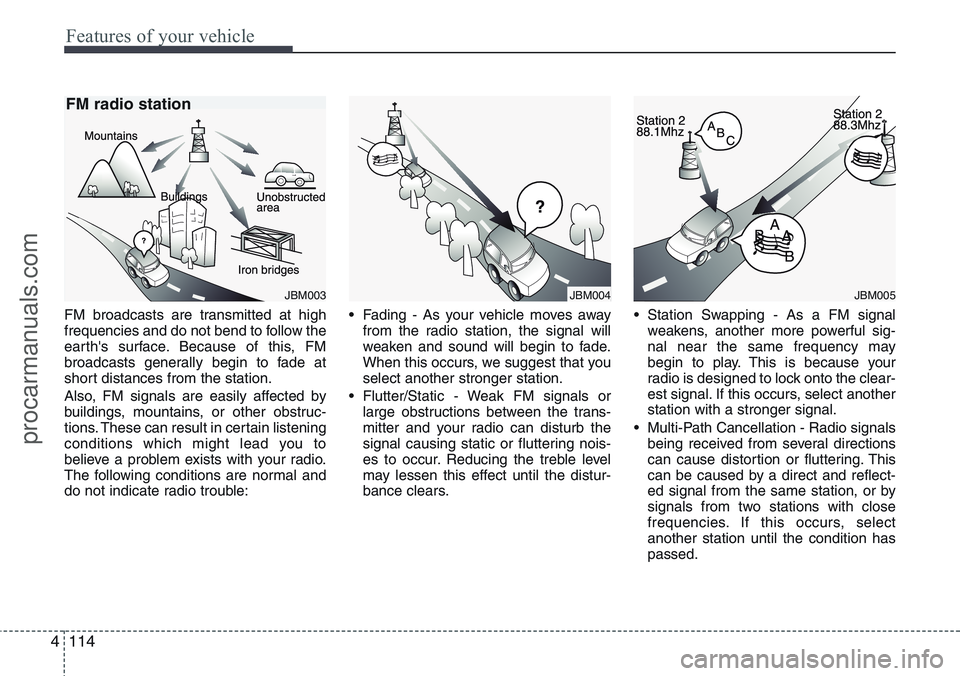 HYUNDAI IX20 2016 Owners Manual Features of your vehicle
114 4
FM broadcasts are transmitted at high
frequencies and do not bend to follow the
earth's surface. Because of this, FM
broadcasts generally begin to fade at
short dist HYUNDAI IX20 2016 Owners Manual Features of your vehicle
114 4
FM broadcasts are transmitted at high
frequencies and do not bend to follow the
earth's surface. Because of this, FM
broadcasts generally begin to fade at
short dist