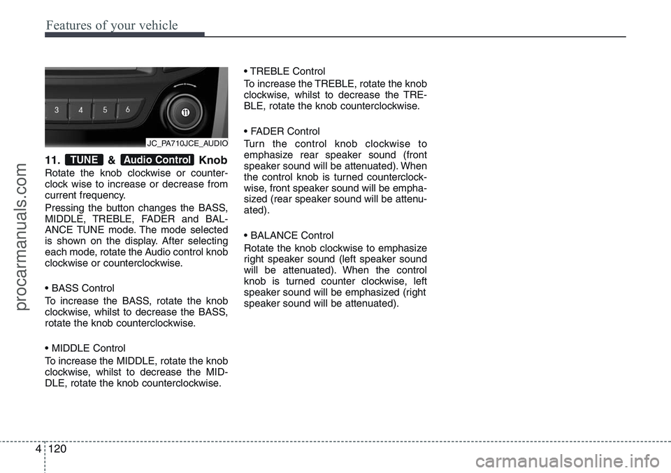 HYUNDAI IX20 2016 Owners Manual Features of your vehicle
120 4
11. & Knob
Rotate the knob clockwise or counter-
clock wise to increase or decrease from
current frequency.
Pressing the button changes the BASS,
MIDDLE, TREBLE, FADER a HYUNDAI IX20 2016 Owners Manual Features of your vehicle
120 4
11. & Knob
Rotate the knob clockwise or counter-
clock wise to increase or decrease from
current frequency.
Pressing the button changes the BASS,
MIDDLE, TREBLE, FADER a