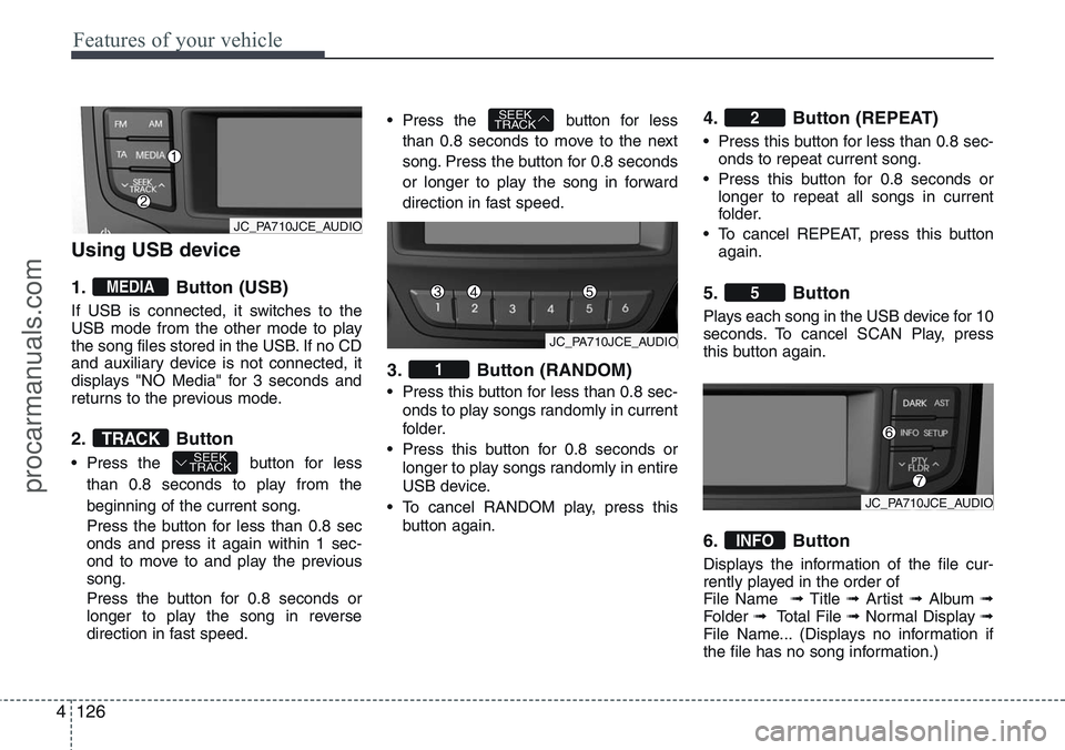 HYUNDAI IX20 2016 Owners Manual Features of your vehicle
126 4
Using USB device
1. Button (USB)
If USB is connected, it switches to the
USB mode from the other mode to play
the song files stored in the USB. If no CD
and auxiliary de HYUNDAI IX20 2016 Owners Manual Features of your vehicle
126 4
Using USB device
1. Button (USB)
If USB is connected, it switches to the
USB mode from the other mode to play
the song files stored in the USB. If no CD
and auxiliary de