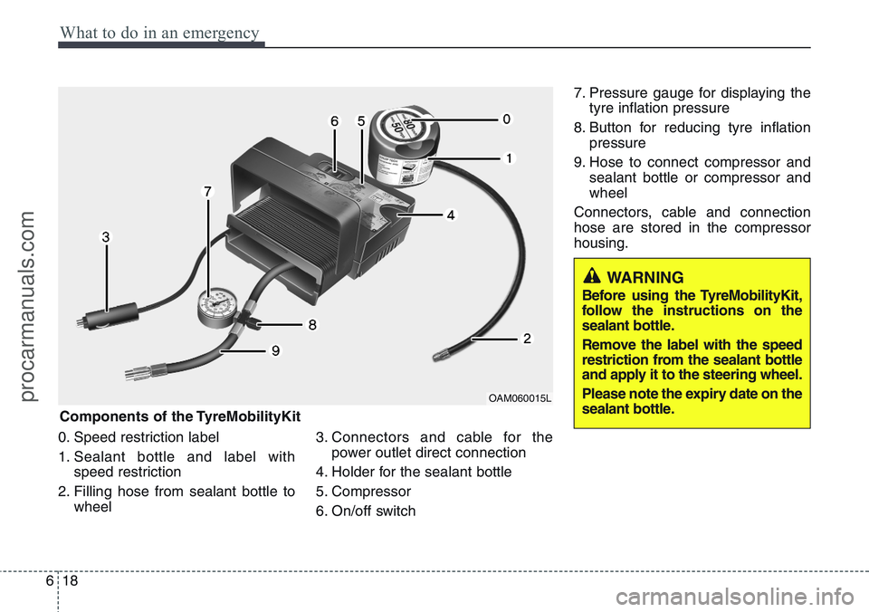 HYUNDAI IX20 2016 Owners Manual What to do in an emergency
18 6
0. Speed restriction label
1. Sealant bottle and label with
speed restriction
2. Filling hose from sealant bottle to
wheel3. Connectors and cable for the
power outlet d HYUNDAI IX20 2016 Owners Manual What to do in an emergency
18 6
0. Speed restriction label
1. Sealant bottle and label with
speed restriction
2. Filling hose from sealant bottle to
wheel3. Connectors and cable for the
power outlet d