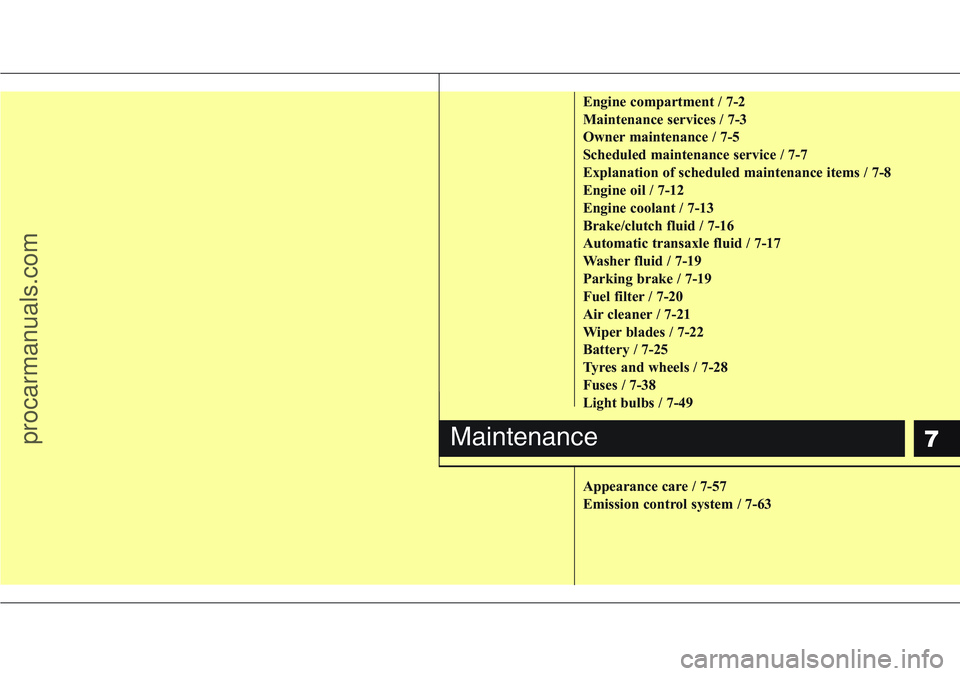 HYUNDAI IX20 2016  Owners Manual 7
Engine compartment / 7-2
Maintenance services / 7-3
Owner maintenance / 7-5
Scheduled maintenance service / 7-7
Explanation of scheduled maintenance items / 7-8
Engine oil / 7-12
Engine coolant / 7-