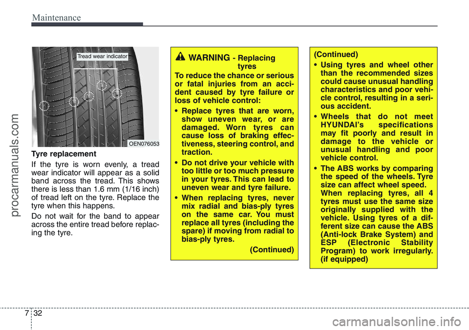 HYUNDAI IX20 2016 Owners Manual Maintenance
32 7
Tyre replacement
If the tyre is worn evenly, a tread
wear indicator will appear as a solid
band across the tread. This shows
there is less than 1.6 mm (1/16 inch)
of tread left on the HYUNDAI IX20 2016 Owners Manual Maintenance
32 7
Tyre replacement
If the tyre is worn evenly, a tread
wear indicator will appear as a solid
band across the tread. This shows
there is less than 1.6 mm (1/16 inch)
of tread left on the