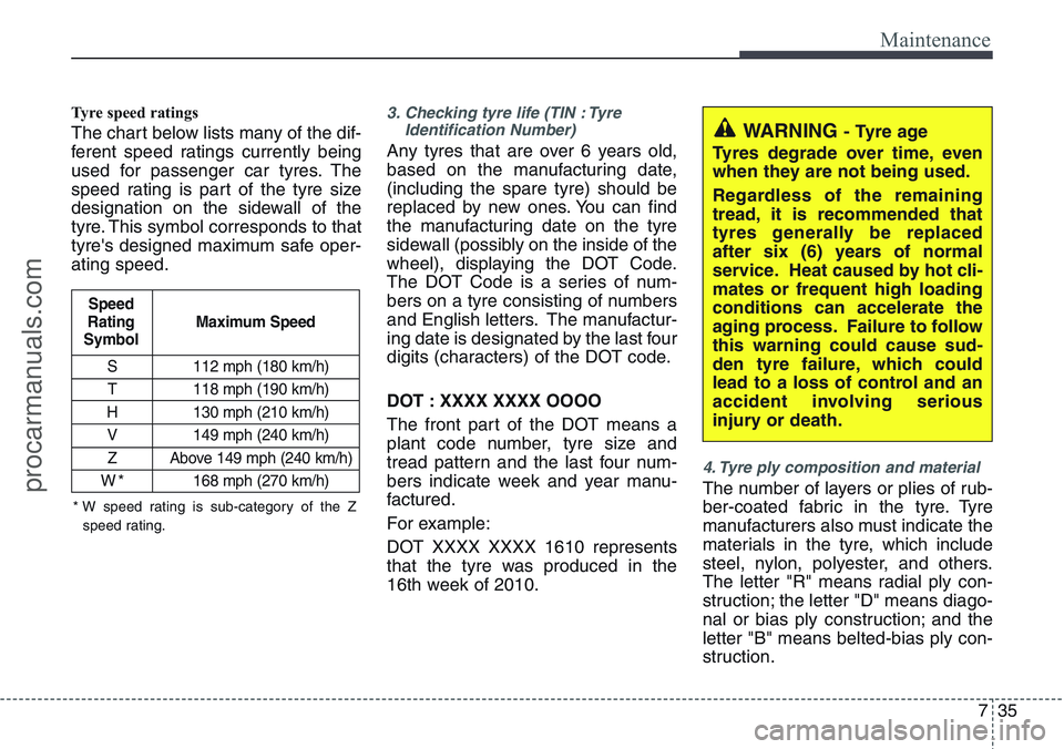 HYUNDAI IX20 2016 Owners Manual 735
Maintenance
Tyre speed ratings
The chart below lists many of the dif-
ferent speed ratings currently being
used for passenger car tyres. The
speed rating is part of the tyre size
designation on HYUNDAI IX20 2016 Owners Manual 735
Maintenance
Tyre speed ratings
The chart below lists many of the dif-
ferent speed ratings currently being
used for passenger car tyres. The
speed rating is part of the tyre size
designation on