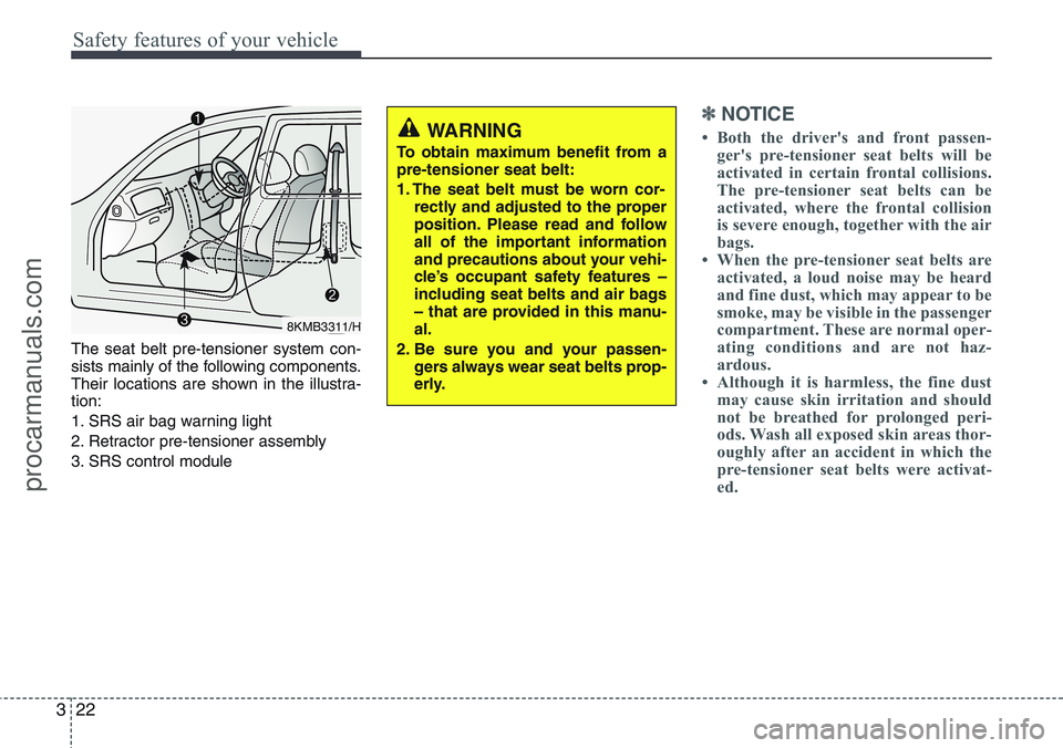HYUNDAI IX20 2016  Owners Manual Safety features of your vehicle
22 3
The seat belt pre-tensioner system con-
sists mainly of the following components.
Their locations are shown in the illustra-
tion:
1. SRS air bag warning light
2. 