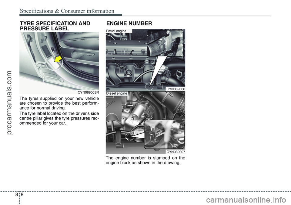 HYUNDAI IX20 2016 Owners Manual The tyres supplied on your new vehicle
are chosen to provide the best perform-
ance for normal driving.
The tyre label located on the driver's side
centre pillar gives the tyre pressures rec-
omme HYUNDAI IX20 2016 Owners Manual The tyres supplied on your new vehicle
are chosen to provide the best perform-
ance for normal driving.
The tyre label located on the driver's side
centre pillar gives the tyre pressures rec-
omme