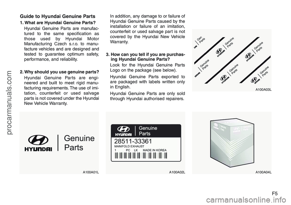 HYUNDAI IX20 2016 Owners Manual F5 Guide to Hyundai Genuine Parts
1. What are Hyundai Genuine Parts?
Hyundai Genuine Parts are manufac-
tured to the same specification as
those used by Hyundai Motor
Manufacturing Czech s.r.o. to man HYUNDAI IX20 2016 Owners Manual F5 Guide to Hyundai Genuine Parts
1. What are Hyundai Genuine Parts?
Hyundai Genuine Parts are manufac-
tured to the same specification as
those used by Hyundai Motor
Manufacturing Czech s.r.o. to man