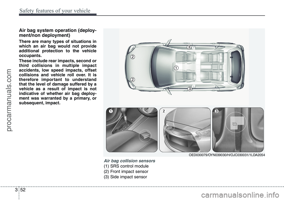 HYUNDAI IX20 2016 Repair Manual Safety features of your vehicle
52 3
Air bag system operation (deploy-
ment/non deployment)
There are many types of situations in
which an air bag would not provide
additional protection to the vehicl HYUNDAI IX20 2016 Repair Manual Safety features of your vehicle
52 3
Air bag system operation (deploy-
ment/non deployment)
There are many types of situations in
which an air bag would not provide
additional protection to the vehicl