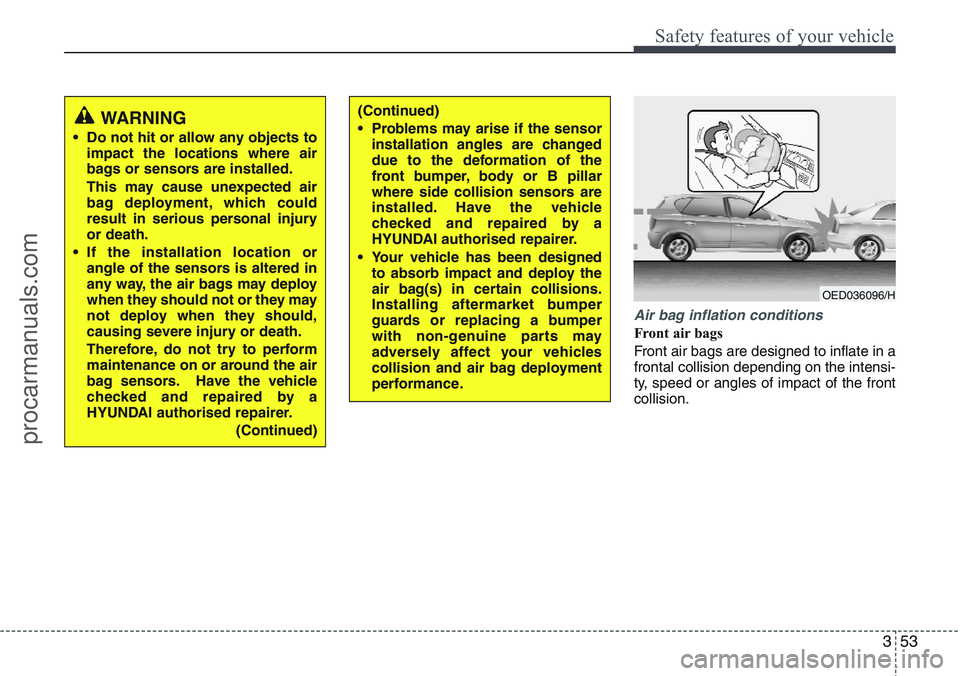 HYUNDAI IX20 2016 Repair Manual 353
Safety features of your vehicle
Air bag inflation conditions
Front air bags
Front air bags are designed to inflate in a
frontal collision depending on the intensi-
ty, speed or angles of impact o HYUNDAI IX20 2016 Repair Manual 353
Safety features of your vehicle
Air bag inflation conditions
Front air bags
Front air bags are designed to inflate in a
frontal collision depending on the intensi-
ty, speed or angles of impact o