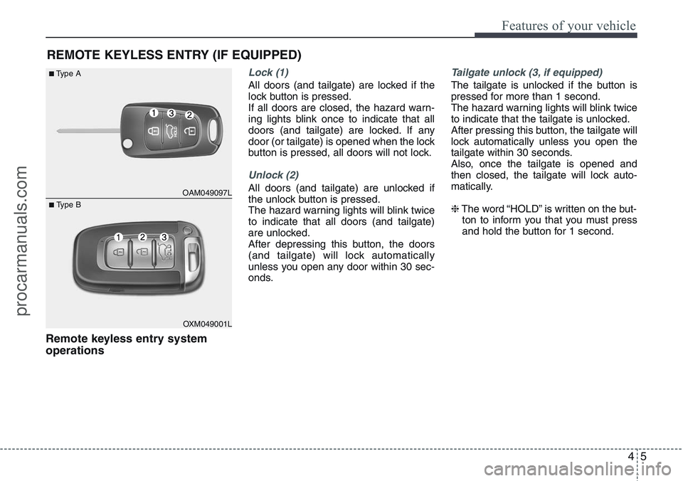 HYUNDAI IX20 2016 Manual Online 45
Features of your vehicle
Remote keyless entry system
operations
Lock (1)
All doors (and tailgate) are locked if the
lock button is pressed.
If all doors are closed, the hazard warn-
ing lights blin HYUNDAI IX20 2016 Manual Online 45
Features of your vehicle
Remote keyless entry system
operations
Lock (1)
All doors (and tailgate) are locked if the
lock button is pressed.
If all doors are closed, the hazard warn-
ing lights blin