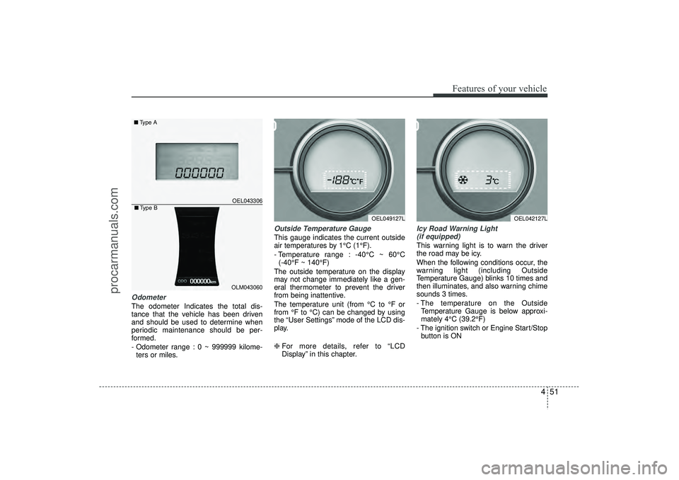 HYUNDAI IX35 2015  Owners Manual 451
Features of your vehicle
OdometerThe odometer Indicates the total dis-
tance that the vehicle has been driven
and should be used to determine when
periodic maintenance should be per-
formed.
- Odo