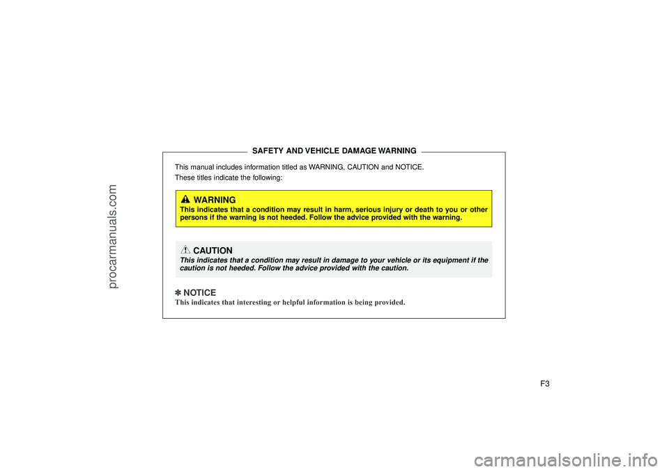 HYUNDAI IX35 2015  Owners Manual F3
This manual includes information titled as WARNING, CAUTION and NOTICE.
These titles indicate the following:✽ ✽ 
 
NOTICEThis indicates that interesting or helpful information is being provided