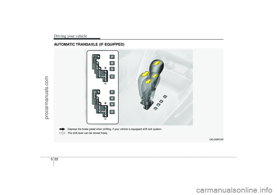 HYUNDAI IX35 2015  Owners Manual Driving your vehicle22
5AUTOMATIC TRANSAXLE (IF EQUIPPED)
OEL059010R
The shift lever can be moved freely. Depress the brake pedal when shifting, if your vehicle is equipped shift lock system.
EL(FL) U
