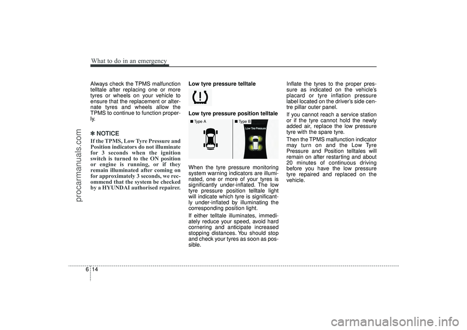 HYUNDAI IX35 2015  Owners Manual What to do in an emergency14
6Always check the TPMS malfunction
telltale after replacing one or more
tyres or wheels on your vehicle to
ensure that the replacement or alter-
nate tyres and wheels allo