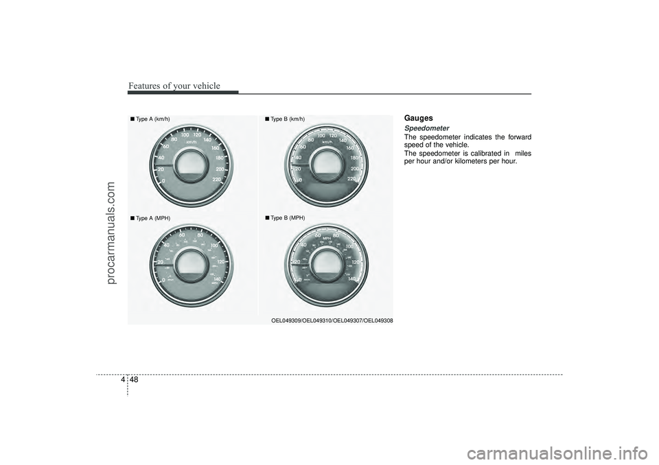 HYUNDAI IX35 2016 Owners Manual Features of your vehicle48
4
GaugesSpeedometer The speedometer indicates the forward
speed of the vehicle.
The speedometer is calibrated in miles
per hour and/or kilometers per hour.
OEL049309/OEL04 HYUNDAI IX35 2016 Owners Manual Features of your vehicle48
4
GaugesSpeedometer The speedometer indicates the forward
speed of the vehicle.
The speedometer is calibrated in miles
per hour and/or kilometers per hour.
OEL049309/OEL04