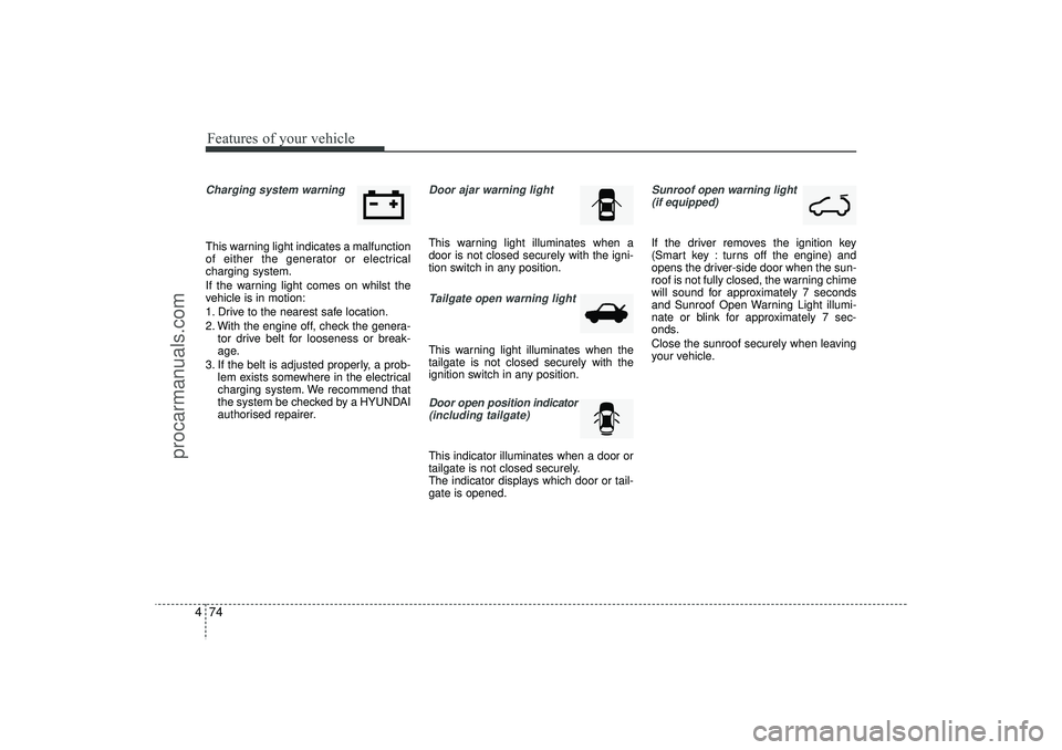 HYUNDAI IX35 2016 Owners Manual Features of your vehicle74
4Charging system warning This warning light indicates a malfunction
of either the generator or electrical
charging system.
If the warning light comes on whilst the
vehicle HYUNDAI IX35 2016 Owners Manual Features of your vehicle74
4Charging system warning This warning light indicates a malfunction
of either the generator or electrical
charging system.
If the warning light comes on whilst the
vehicle