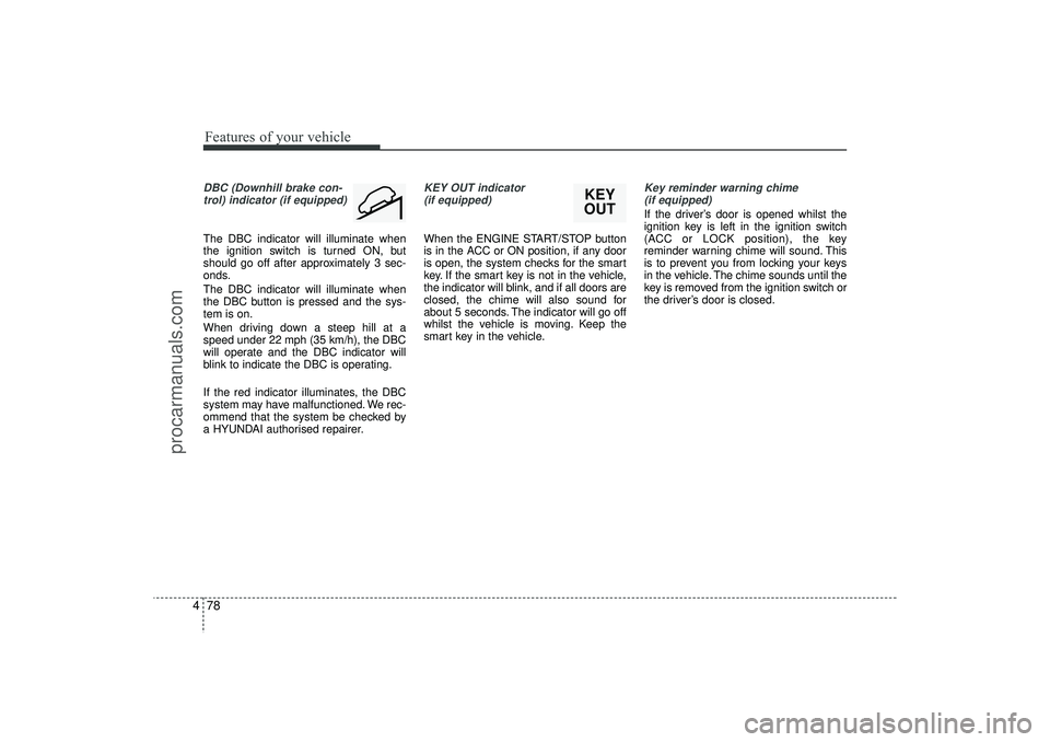 HYUNDAI IX35 2016  Owners Manual Features of your vehicle78
4DBC (Downhill brake con-
trol) indicator (if equipped)The DBC indicator will illuminate when
the ignition switch is turned ON, but
should go off after approximately 3 sec-

