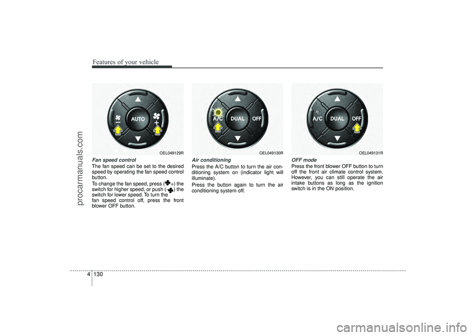 HYUNDAI IX35 2016 Owners Manual Features of your vehicle130
4Fan speed controlThe fan speed can be set to the desired
speed by operating the fan speed control
button.
To change the fan speed, press ( +) the
switch for higher speed, HYUNDAI IX35 2016 Owners Manual Features of your vehicle130
4Fan speed controlThe fan speed can be set to the desired
speed by operating the fan speed control
button.
To change the fan speed, press ( +) the
switch for higher speed,