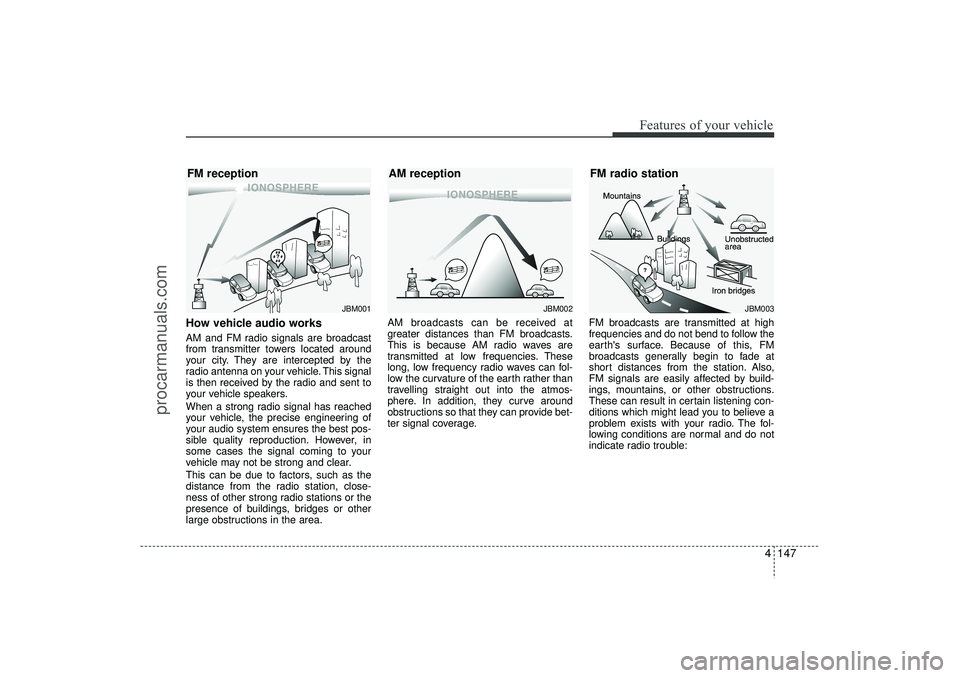 HYUNDAI IX35 2016 Owners Manual 4 147
Features of your vehicle
How vehicle audio worksAM and FM radio signals are broadcast
from transmitter towers located around
your city. They are intercepted by the
radio antenna on your vehicle. HYUNDAI IX35 2016 Owners Manual 4 147
Features of your vehicle
How vehicle audio worksAM and FM radio signals are broadcast
from transmitter towers located around
your city. They are intercepted by the
radio antenna on your vehicle.