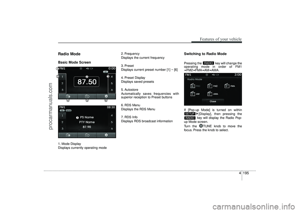 HYUNDAI IX35 2016  Owners Manual 4 195
Features of your vehicle
Radio Mode Basic Mode Screen1. Mode Display
Displays currently operating mode2. Frequency
Displays the current frequency
3. Preset
Displays current preset number [1] ~ [