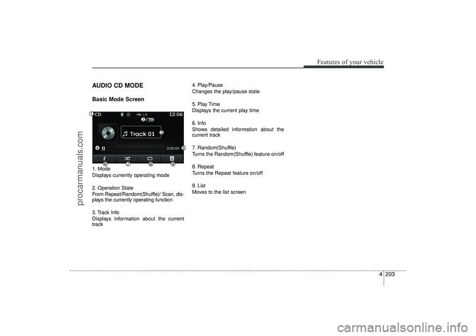HYUNDAI IX35 2016 Owners Manual 4 203
Features of your vehicle
AUDIO CD MODEBasic Mode Screen1. Mode
Displays currently operating mode
2. Operation State
From Repeat/Random(Shuffle)/ Scan, dis-
plays the currently operating function HYUNDAI IX35 2016 Owners Manual 4 203
Features of your vehicle
AUDIO CD MODEBasic Mode Screen1. Mode
Displays currently operating mode
2. Operation State
From Repeat/Random(Shuffle)/ Scan, dis-
plays the currently operating function