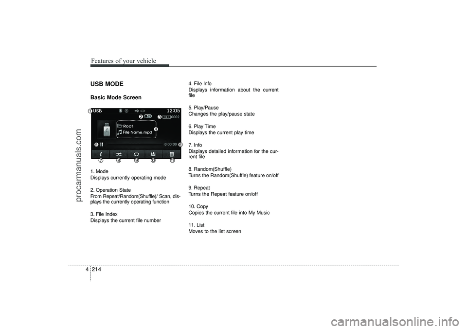 HYUNDAI IX35 2016 Owners Manual Features of your vehicle214
4USB MODE Basic Mode Screen1. Mode
Displays currently operating mode
2. Operation State
From Repeat/Random(Shuffle)/ Scan, dis-
plays the currently operating function
3. Fi HYUNDAI IX35 2016 Owners Manual Features of your vehicle214
4USB MODE Basic Mode Screen1. Mode
Displays currently operating mode
2. Operation State
From Repeat/Random(Shuffle)/ Scan, dis-
plays the currently operating function
3. Fi