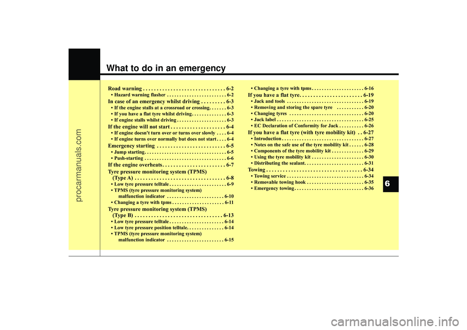 HYUNDAI IX35 2016 Owners Manual What to do in an emergencyRoad warning . . . . . . . . . . . . . . . . . . . . . . . . . . . . . . 6-2• Hazard warning flasher . . . . . . . . . . . . . . . . . . . . . . . . 6-2In case of an emerge HYUNDAI IX35 2016 Owners Manual What to do in an emergencyRoad warning . . . . . . . . . . . . . . . . . . . . . . . . . . . . . . 6-2• Hazard warning flasher . . . . . . . . . . . . . . . . . . . . . . . . 6-2In case of an emerge