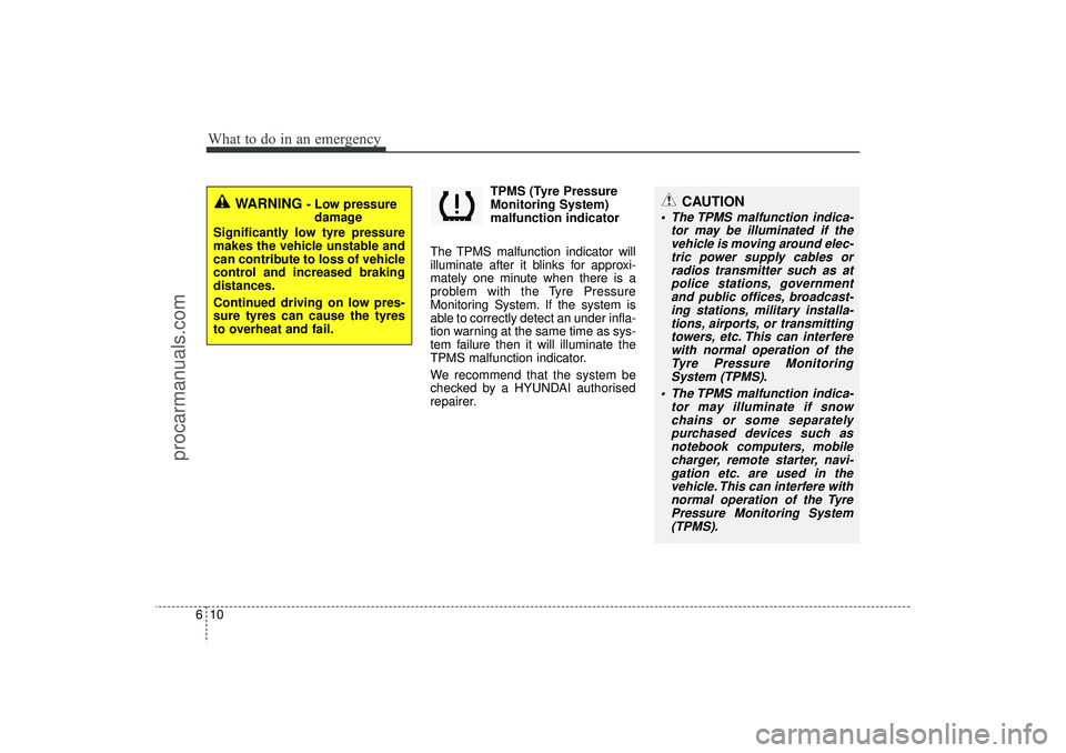 HYUNDAI IX35 2016  Owners Manual What to do in an emergency10
6
TPMS (Tyre Pressure
Monitoring System)
malfunction indicator
The TPMS malfunction indicator will
illuminate after it blinks for approxi-
mately one minute when there is 