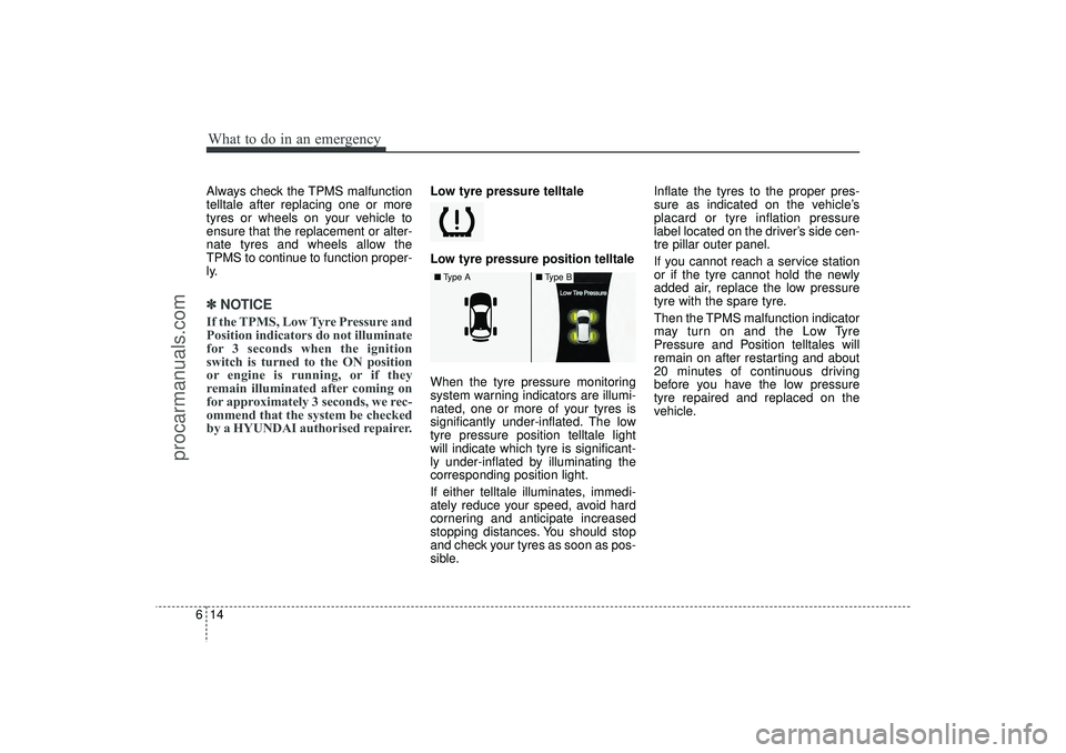 HYUNDAI IX35 2016 Owners Manual What to do in an emergency14
6Always check the TPMS malfunction
telltale after replacing one or more
tyres or wheels on your vehicle to
ensure that the replacement or alter-
nate tyres and wheels allo HYUNDAI IX35 2016 Owners Manual What to do in an emergency14
6Always check the TPMS malfunction
telltale after replacing one or more
tyres or wheels on your vehicle to
ensure that the replacement or alter-
nate tyres and wheels allo