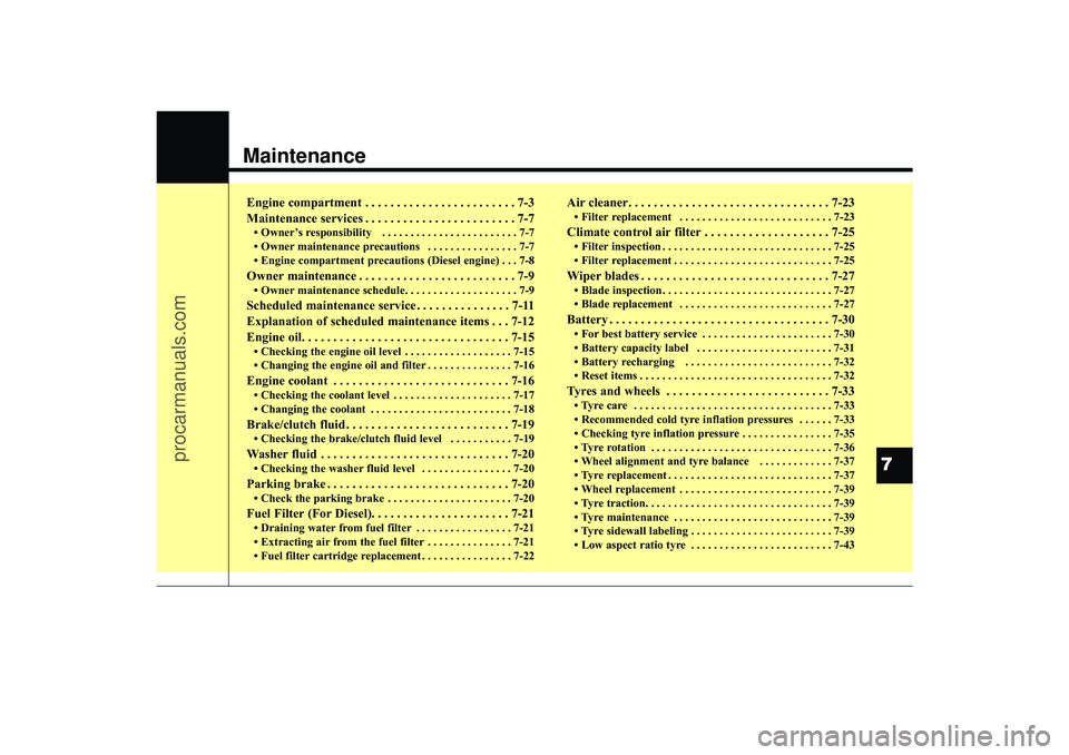 HYUNDAI IX35 2016 Owners Manual Maintenance
7
Engine compartment . . . . . . . . . . . . . . . . . . . . . . . . 7-3
Maintenance services . . . . . . . . . . . . . . . . . . . . . . . . 7-7• Owner’s responsibility . . . . . . HYUNDAI IX35 2016 Owners Manual Maintenance
7
Engine compartment . . . . . . . . . . . . . . . . . . . . . . . . 7-3
Maintenance services . . . . . . . . . . . . . . . . . . . . . . . . 7-7• Owner’s responsibility . . . . . .