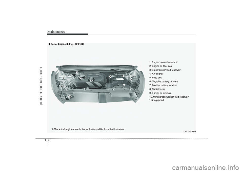 HYUNDAI IX35 2016 Owners Manual Maintenance47
OEL073300R
1. Engine coolant reservoir
2. Engine oil filler cap
3. Brake/clutch* fluid reservoir
4. Air cleaner
5. Fuse box
6. Negative battery terminal
7. Positive battery terminal
8. R HYUNDAI IX35 2016 Owners Manual Maintenance47
OEL073300R
1. Engine coolant reservoir
2. Engine oil filler cap
3. Brake/clutch* fluid reservoir
4. Air cleaner
5. Fuse box
6. Negative battery terminal
7. Positive battery terminal
8. R