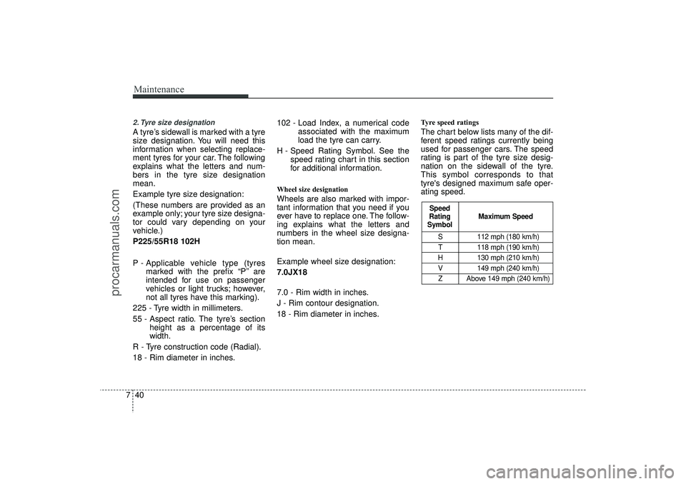 HYUNDAI IX35 2016 Owners Manual Maintenance40
72. Tyre size designation A tyre’s sidewall is marked with a tyre
size designation. You will need this
information when selecting replace-
ment tyres for your car. The following
expla HYUNDAI IX35 2016 Owners Manual Maintenance40
72. Tyre size designation A tyre’s sidewall is marked with a tyre
size designation. You will need this
information when selecting replace-
ment tyres for your car. The following
expla