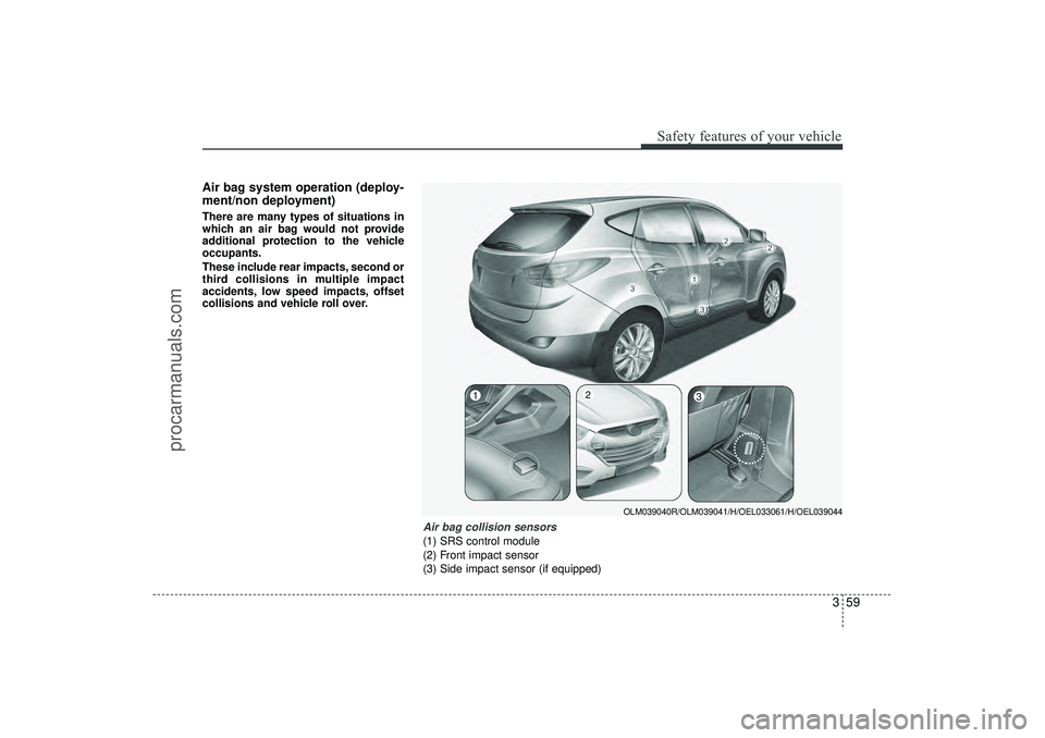 HYUNDAI IX35 2016 Manual PDF 359
Safety features of your vehicle
Air bag system operation (deploy-
ment/non deployment)There are many types of situations in
which an air bag would not provide
additional protection to the vehicle
HYUNDAI IX35 2016 Manual PDF 359
Safety features of your vehicle
Air bag system operation (deploy-
ment/non deployment)There are many types of situations in
which an air bag would not provide
additional protection to the vehicle